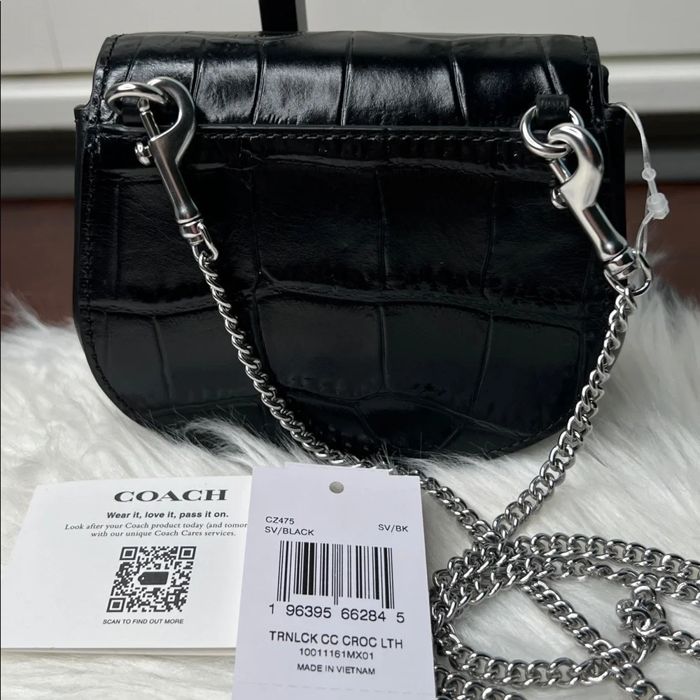 Coach Black Croc Embossed Turnlock Card Case Mini With Chain Bag Retail $228 NWT - Picture 4 of 17